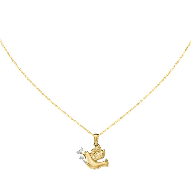 14K Yellow Gold w/Rhodium Polished Dove w/Olive Branch Pendant 